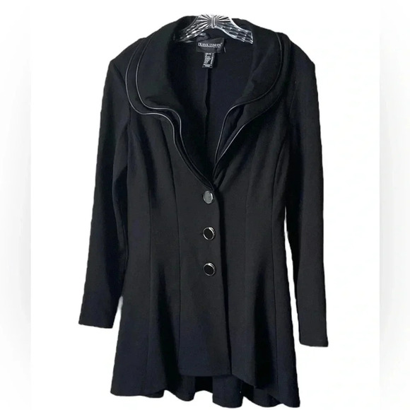FRANK LYMAN | Black Peplum High-Low Ruffled Leather Trim Neckline Jacket Size 2 - Picture 2 of 7